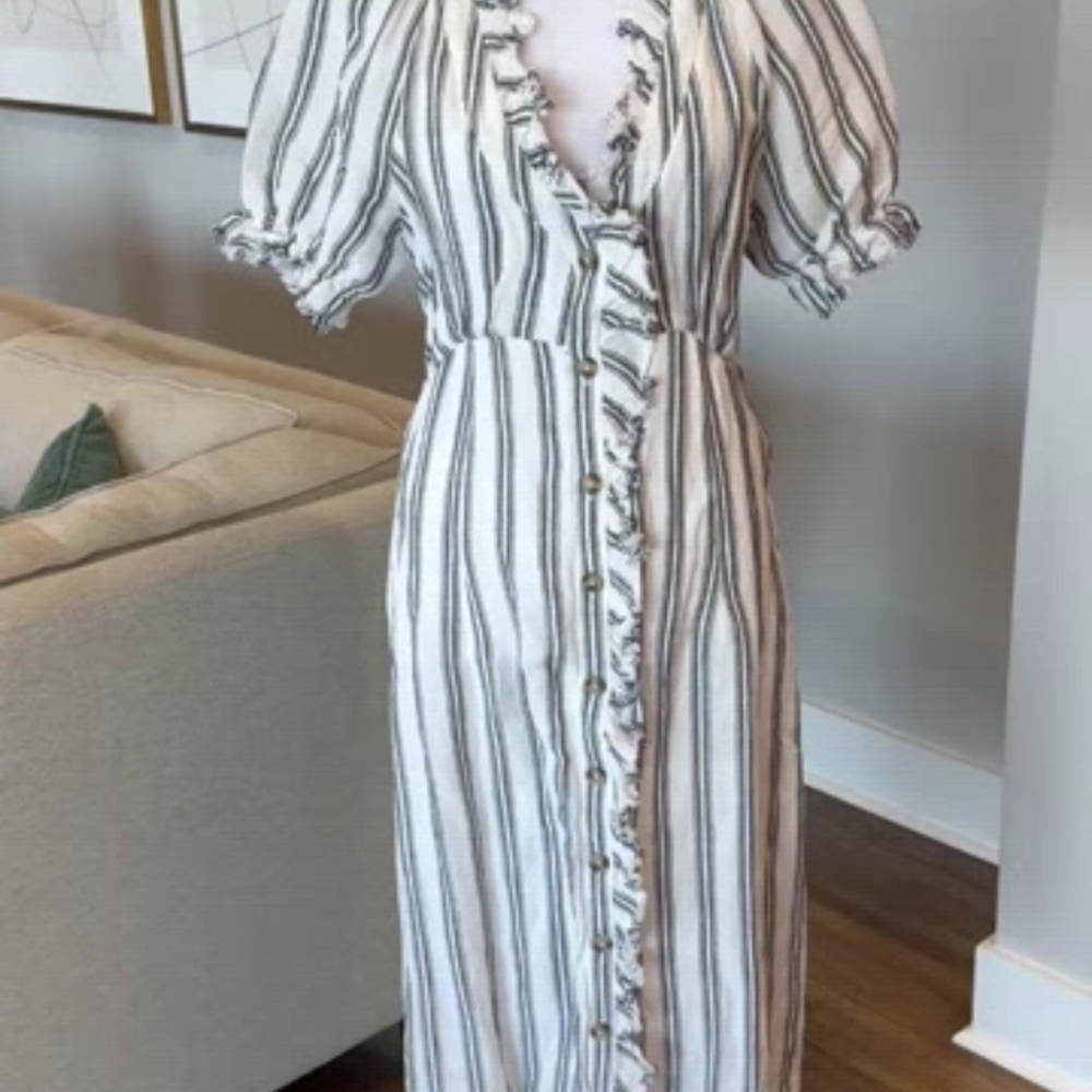 Anthropologie Pilcro White and Gray Wrap Midi Dress Puff Sleeve